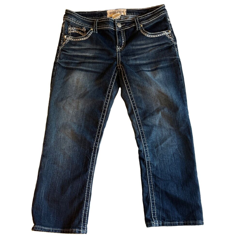 Hydraulic Cropped Denim Jeans Womens 10 Blue Embellished Capri Low Rise Waist 32